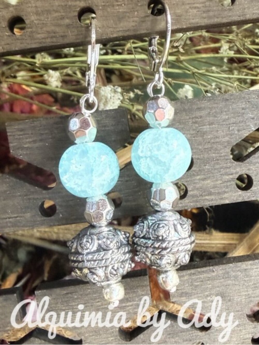 Alquimia Silver TEXTURED Blue quartz Vintage+ VICTORIAN EARRINGS
